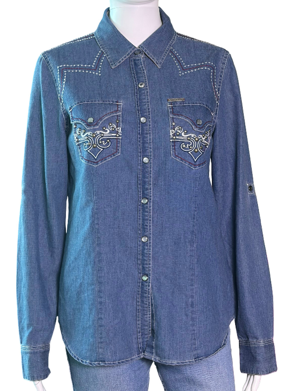 Affliction Y2k Black Premium Studded Tribal Western Denim Shirt Women's Medium